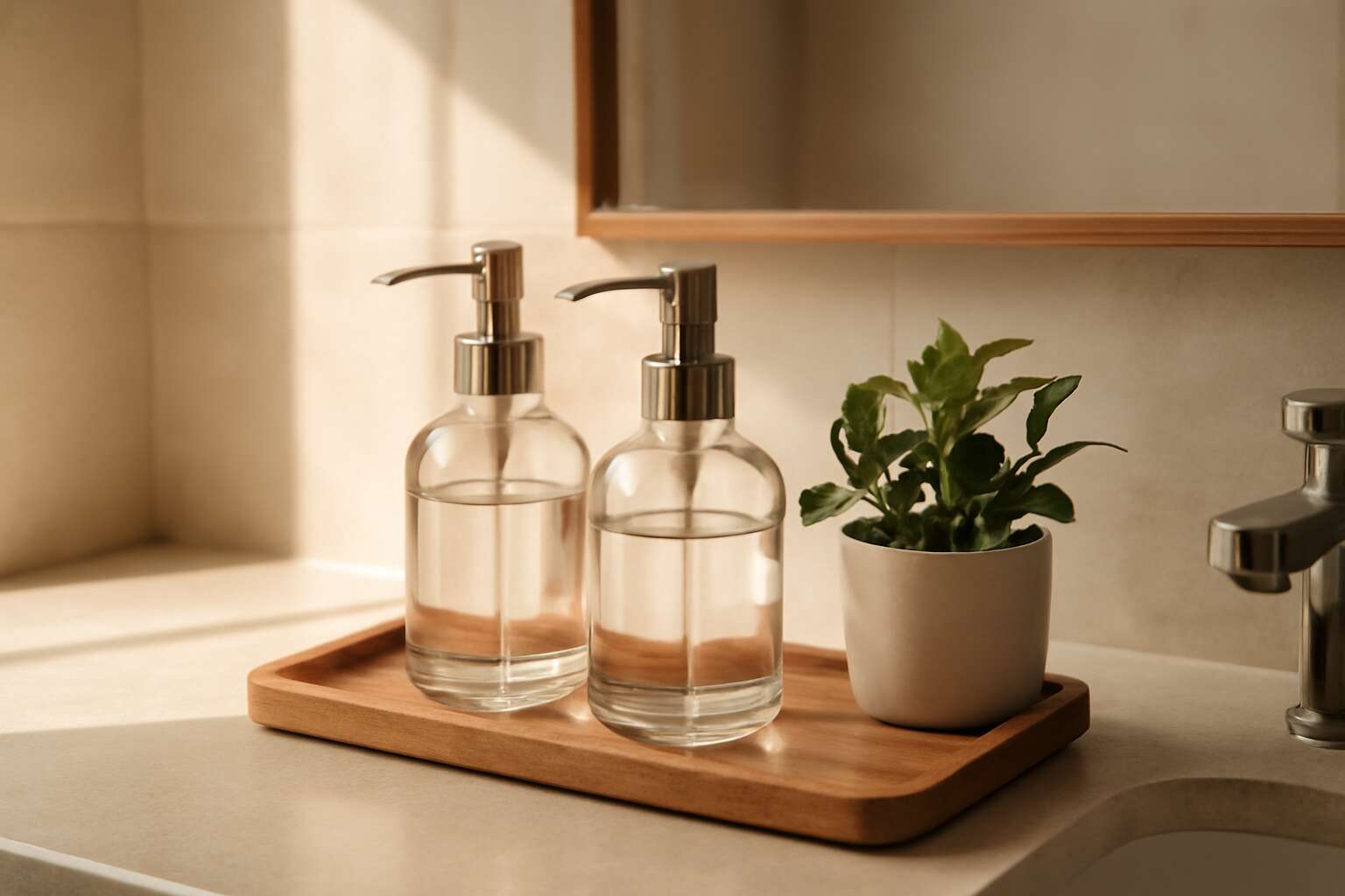 soap dispensers on tray