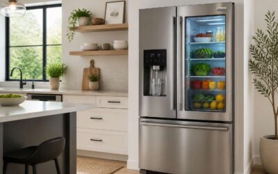 Dispenser fridge provides cold water and ice on demand.